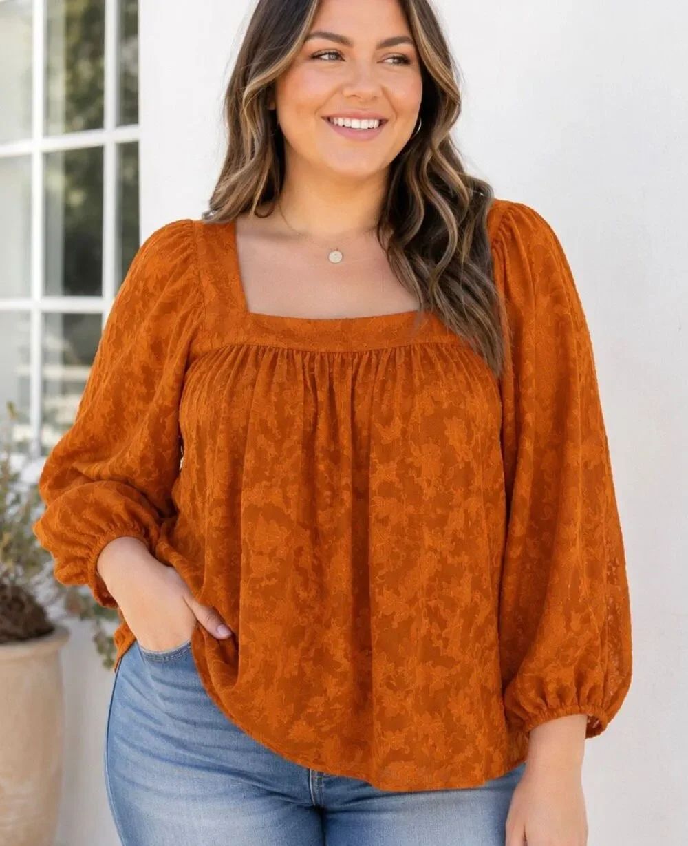LC Lauren Conrad 3X Burnt Orange Floral Jacquard Square Neck Peasant Blouse Plus
